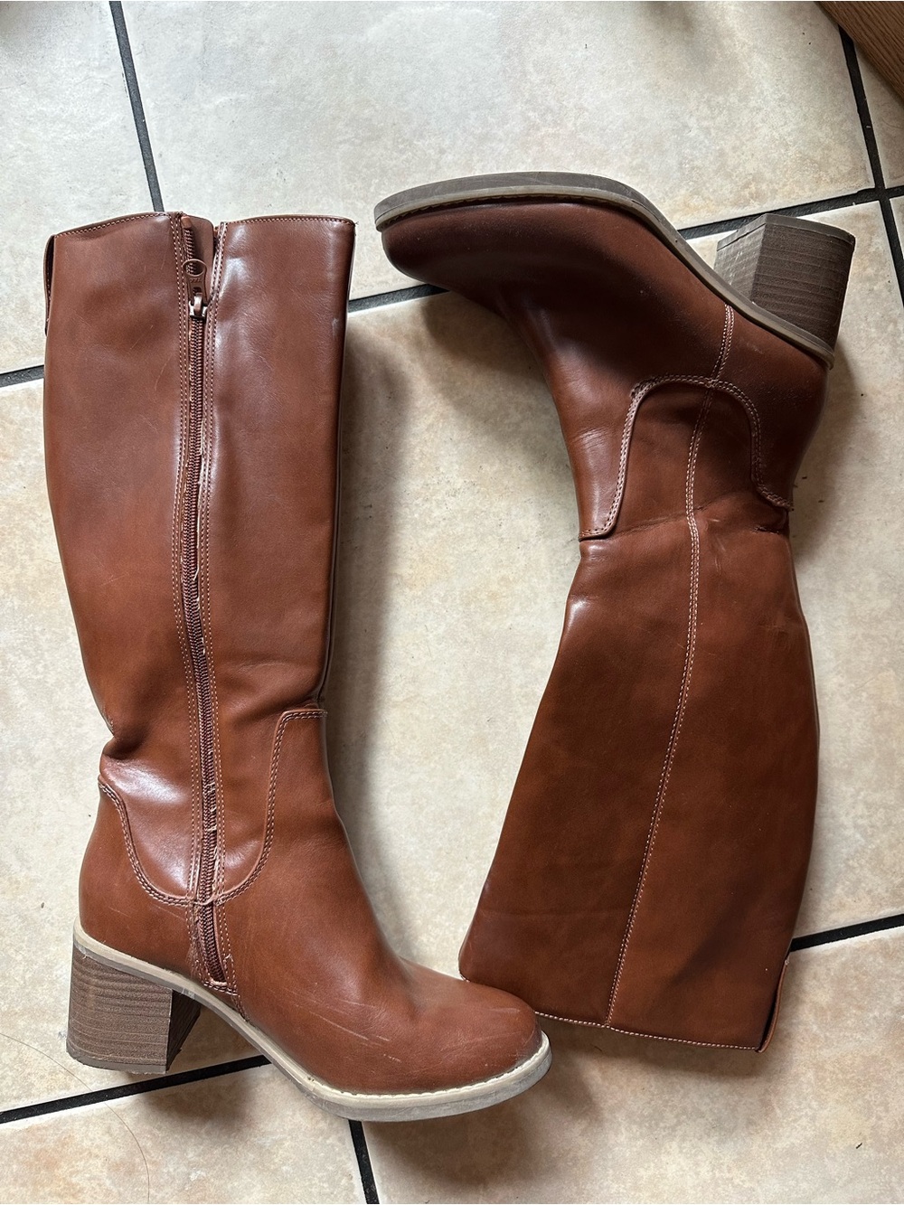 a new day Tall Chestnut Brown Block Heel Leather Boots